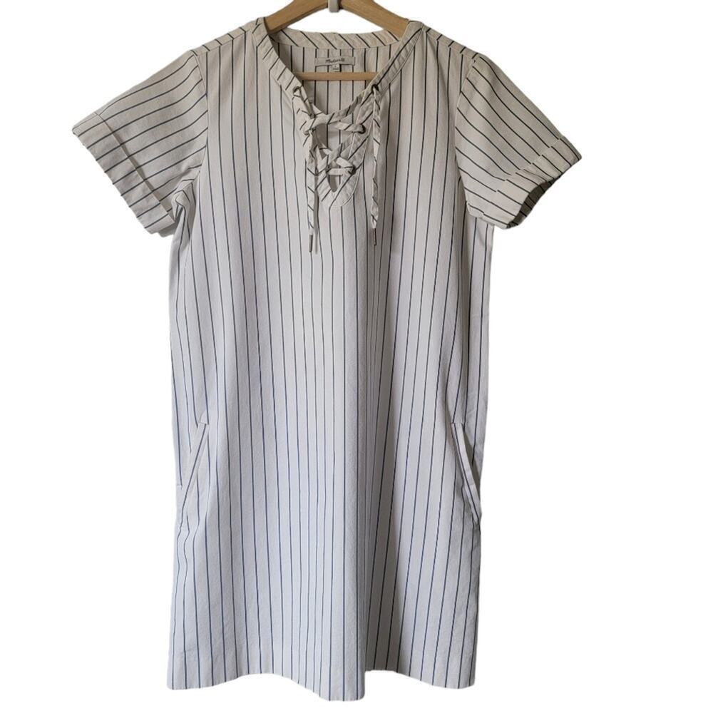 Madewell Harbor Lace-Up Neckline Minimalist Normcore Capsule Short Sleeve Dress - Picture 3 of 11